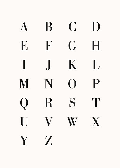 Poster with alphabet A-Z in black serif letters on a light beige background