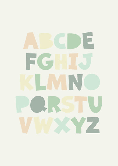 Poster with alphabet letters in soft pastel colors on a light background