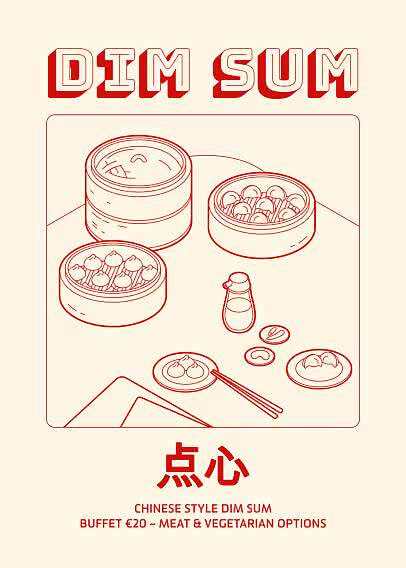 Plakat für Dim-Sum-Buffet mit Dampfkörben, Teigtaschen und Text zu chinesischem Buffet, 20 €.