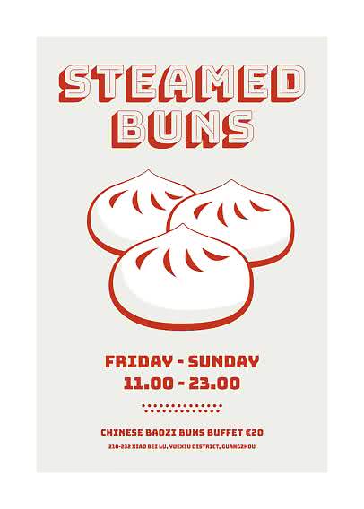 Poster con scritta "Steamed Buns", tre baozi illustrati e orari venerdì-domenica 11.00-23.00.