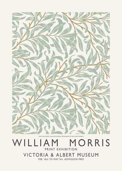 Plakat med William Morris-pilegrene i lysegrønt og beige samt udstillingstekst for Victoria & Albert Museum