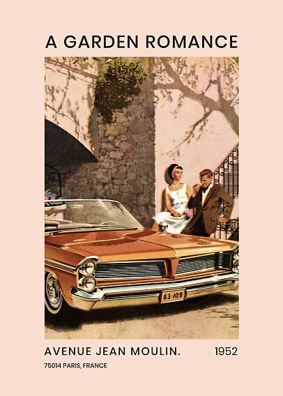 Vintage poster with brown convertible and elegant couple by stone steps in Paris, 1952