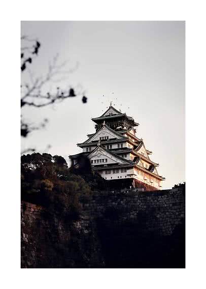 Castillo japonés sobre un muro de piedra con luz cálida del atardecer, visto desde abajo con ramas delante