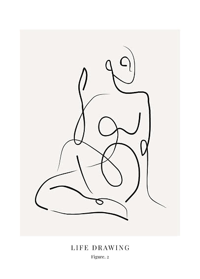 Minimalistisk line art-plakat af siddende menneskefigur på lys baggrund med teksten "Life Drawing"