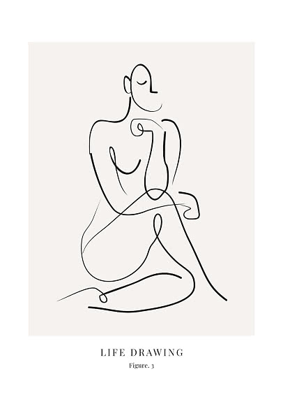 Minimalistische Linienzeichnung einer sitzenden Frau auf beigem Poster mit Text "Life Drawing Figure. 3"