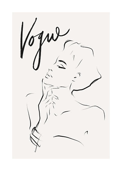 Minimalist line drawing of a woman's face with the word "Vogue" on a light background