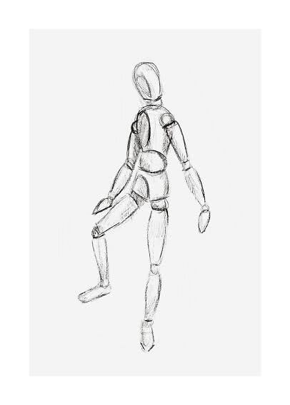 Sketch of a wooden mannequin in a walking pose on a white background