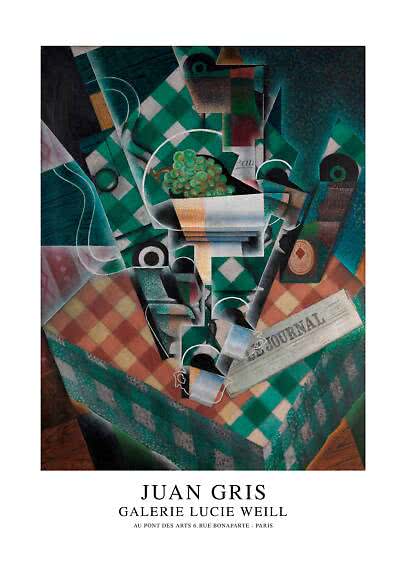 Plakat med kubistisk stilleben af Juan Gris med druer, flaske, glas og avis på ternet bord.