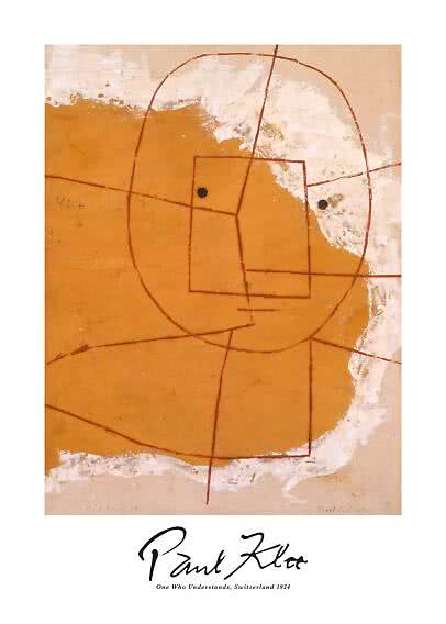 Abstraktes Poster in Ocker und Weiß mit roten Linien, geometrischen Formen und Paul-Klee-Signatur