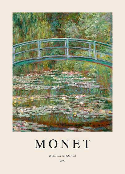 Poster featuring Monet’s painting of a green bridge over a lily pond, surrounded by lush foliage.