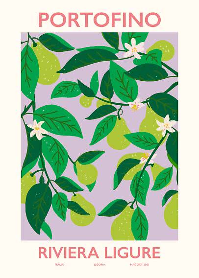 Illustrerad Portofino-affisch med gröna citroner, blad och vita blommor mot ljuslila bakgrund