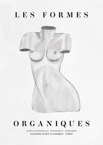 Art poster with sketch of a female torso in gray tones and French text on a white background