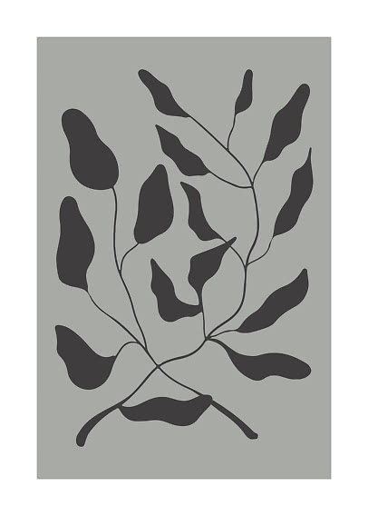 Abstrakt botanisk motiv med mørke blade og grene på grå baggrund