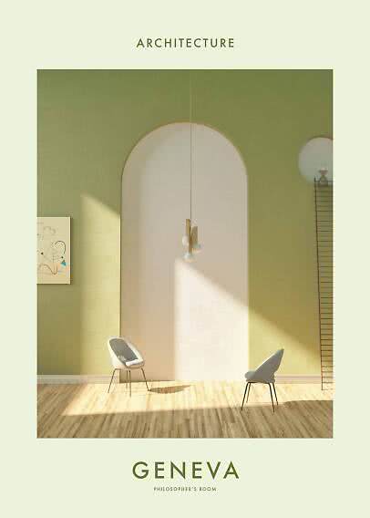 Poster mit minimalistischem Interieur in Grüntönen, Rundbogenwand, zwei Stühlen und Geneva-Text