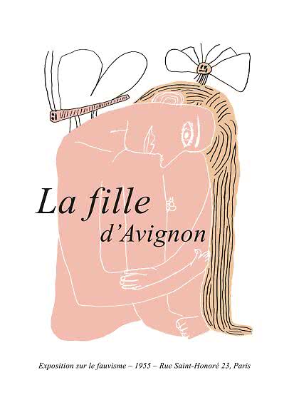 Abstract poster with pink figure, long hair, and the text "La fille d’Avignon"