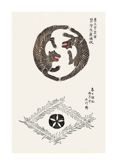 Japanischer Druck mit zwei stilisierten Tigern im Kreis, Kalligrafie und botanischem Emblem unten
