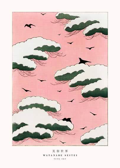 Japanischer Druck mit rosa Himmel, weiß-grünen Wolken und schwarzen Vögeln im Flug