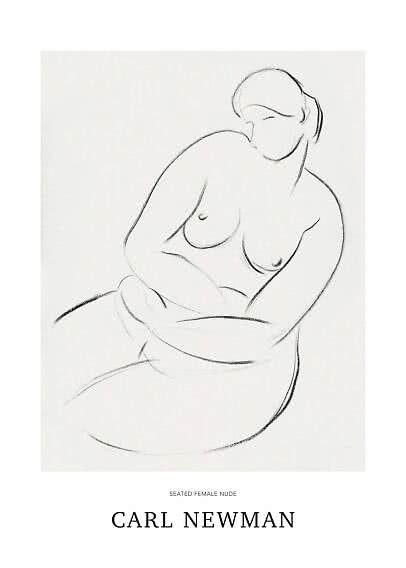 Poster with minimalist line drawing of a seated nude woman by Carl Newman