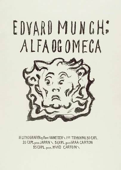 Plakat med teksten "Edvard Munch: Alfa og Omega" og en sort skitse af et ansigt.