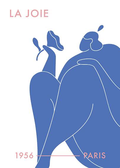 Poster astratto con figura femminile blu su sfondo bianco e scritta "La Joie 1956 Paris"