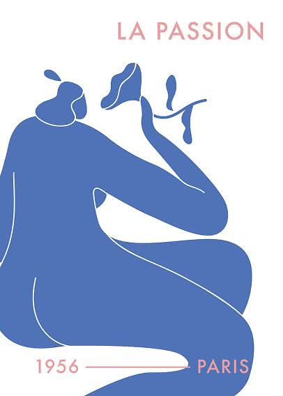 Stylized poster of a seated blue woman with wine and text "La Passion 1956 Paris"
