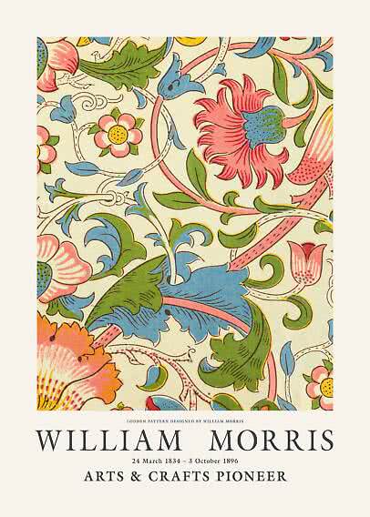 Poster mit William-Morris-Lodden-Muster, rosa, blaue und grüne Blumen auf hellem Hintergrund