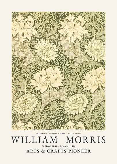 Plakat med William Morris-krysantemummønster i creme og olivengrøn samt tekst nederst