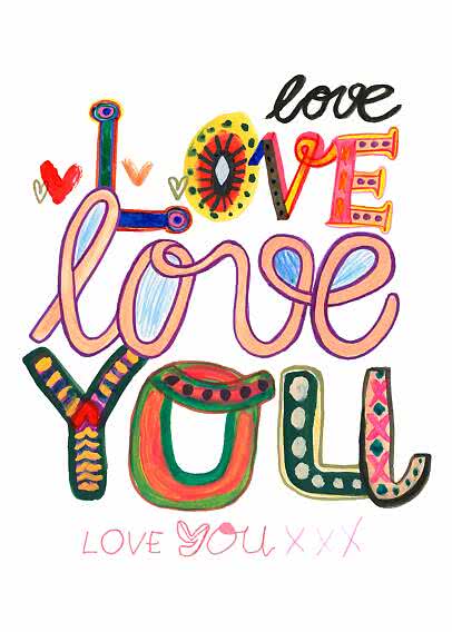 Colorful typographic poster with the words "I love love you" and small hearts on a white background