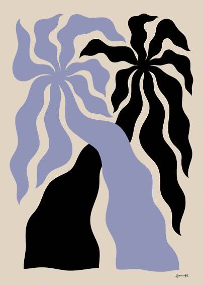 Abstraktes Poster mit zwei stilisierten Blumenformen in Schwarz und Lavendel auf beigem Grund