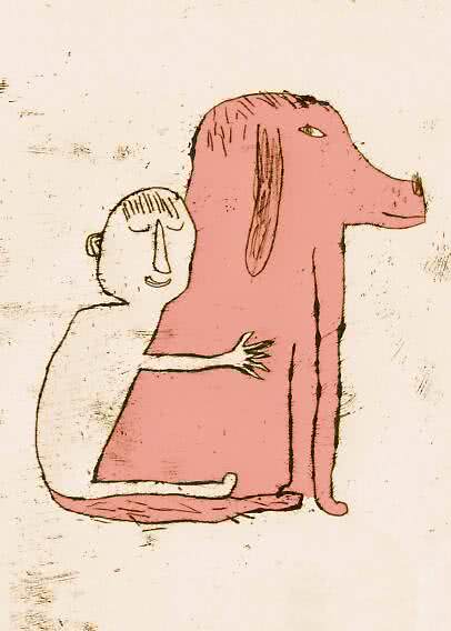 Illustration einer Person, die einen großen rosa Hund auf hellem Hintergrund umarmt