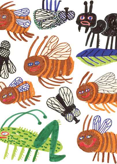 Ilustración con patrón de abejas, moscas, una hormiga negra y un saltamontes verde dibujados a mano.