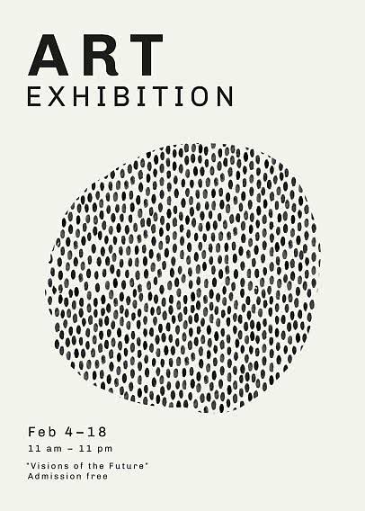 Poster minimalista di mostra d’arte con grande cerchio puntinato e testo con date, orari e ingresso gratuito
