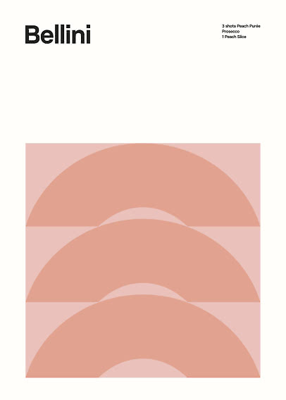 Minimalistisches Bellini-Poster mit rosa Bögen und Text zu Pfirsichpüree, Prosecco und Pfirsichscheibe