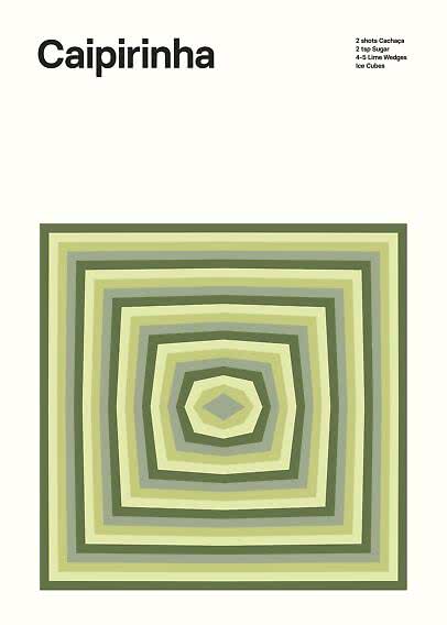 Poster with Caipirinha title, ingredient list, and abstract green and gray concentric shapes