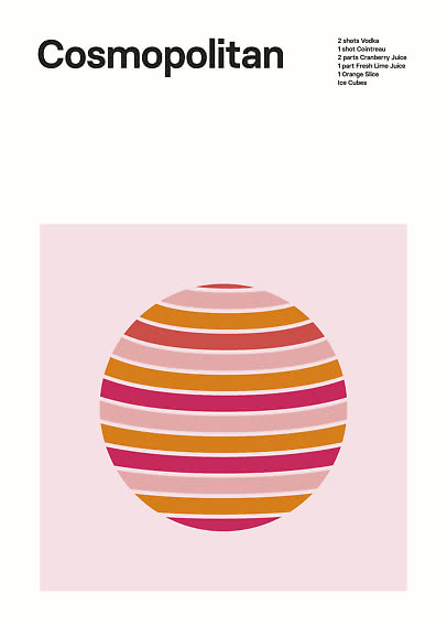Minimalistisches Cosmopolitan-Poster mit Rezepttext und gestreiftem Kreis in Pink, Rot und Orange.