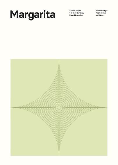 Minimalistisches Margarita-Poster mit Zutatenliste und grünem geometrischem Sternmotiv