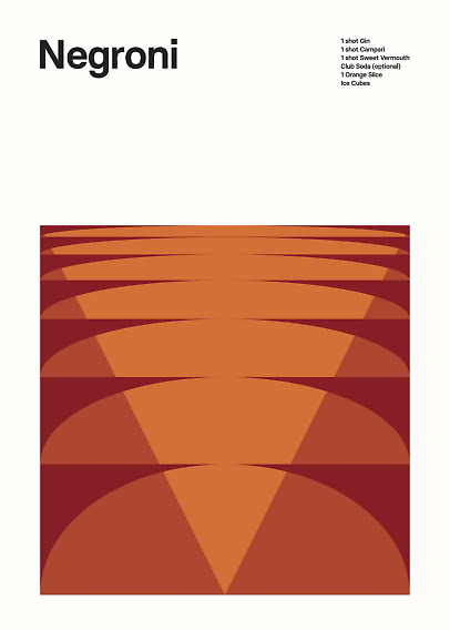 Graphic Negroni poster with ingredient list and orange-red geometric pattern at the bottom
