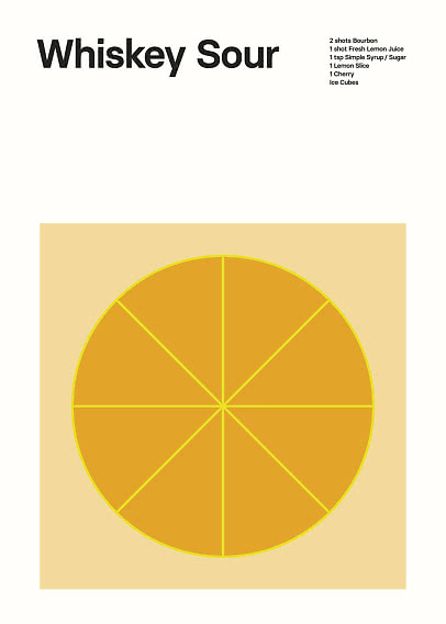 Poster mit Whiskey Sour Schriftzug, Zutatenliste und großer illustrierter Zitrusscheibe.