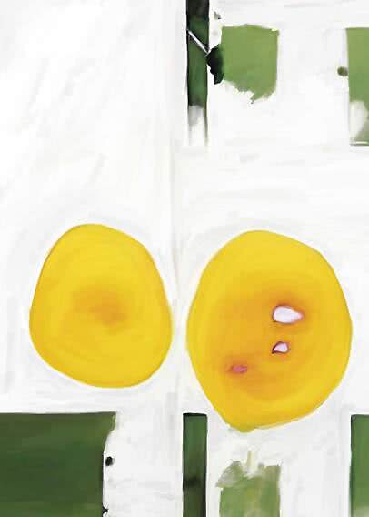 Abstract artwork with two yellow circles on a white background with green blocks