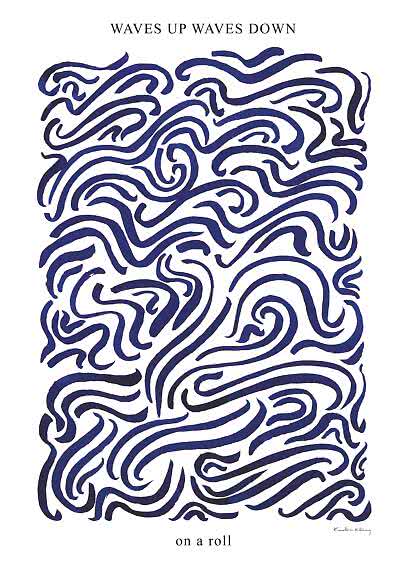 Abstract poster with dark blue wavy lines on white background and the text "Waves Up Waves Down"