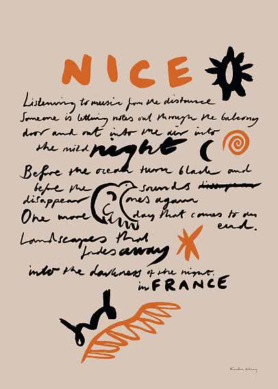 Abstract poster with the word NICE, handwritten text, and black and orange organic shapes on beige