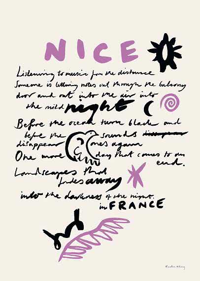 Poster with NICE in purple, handwritten text, and abstract black and purple shapes on a light background