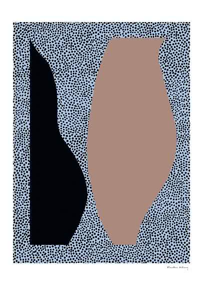 Abstract poster with black and beige vase shapes on a light blue dotted background