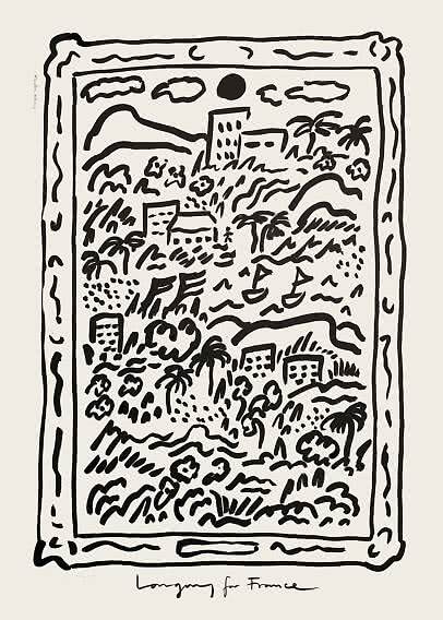 Black-and-white illustrated landscape in ornate frame with mountains, palms, houses and boats