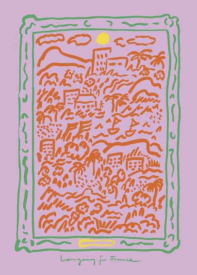 Abstract framed landscape poster with palm trees, buildings, and yellow sun on a lilac background