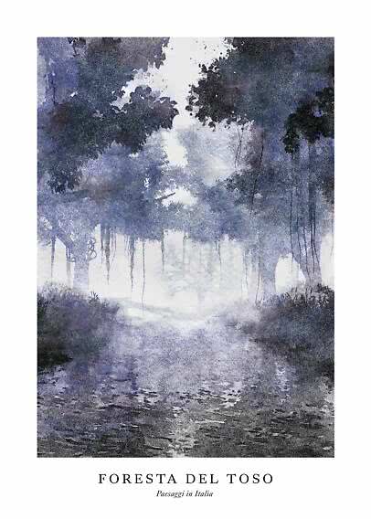 Plakat med tåget skovlandskab i blå og lilla akvareltoner over stille vand