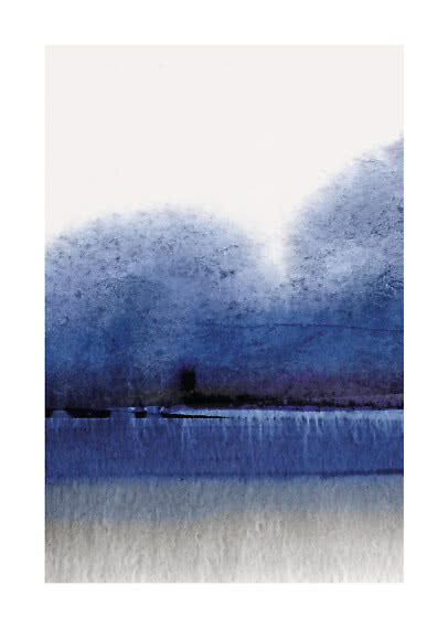 Abstract landscape in blue and white tones with misty forms and a horizon line