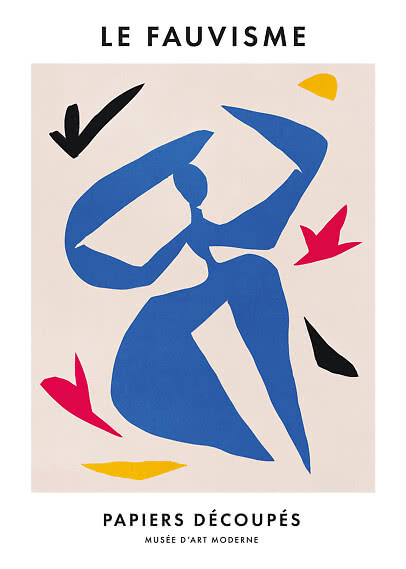 Poster with blue abstract figure and colorful cutouts, text 'Le Fauvisme' and 'Papiers Découpés'