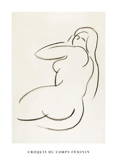 Minimalist line drawing of a seated female figure on a light background with text Croquis du corps féminin