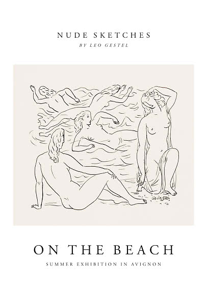 Poster with line drawing of nude women on the beach and the text "Nude Sketches" and "On the Beach".